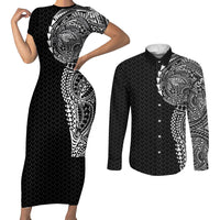 Hawaiian Traditional Tattoos Couples Matching Short Sleeve Bodycon Dress and Long Sleeve Button Shirt Kakau Tribal Tropical Plant Motif Black Color