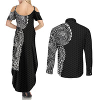 Hawaiian Traditional Tattoos Couples Matching Summer Maxi Dress and Long Sleeve Button Shirt Kakau Tribal Tropical Plant Motif Black Color