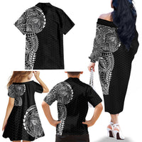 Hawaiian Traditional Tattoos Family Matching Off The Shoulder Long Sleeve Dress and Hawaiian Shirt Kakau Tribal Tropical Plant Motif Black Color