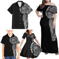 Hawaiian Traditional Tattoos Family Matching Off Shoulder Maxi Dress and Hawaiian Shirt Kakau Tribal Tropical Plant Motif Black Color