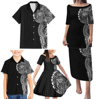 Hawaiian Traditional Tattoos Family Matching Puletasi and Hawaiian Shirt Kakau Tribal Tropical Plant Motif Black Color