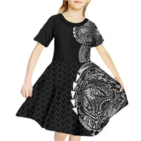 Hawaiian Traditional Tattoos Kid Short Sleeve Dress Kakau Tribal Tropical Plant Motif Black Color