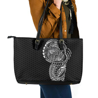 Hawaiian Traditional Tattoos Leather Tote Bag Kakau Tribal Tropical Plant Motif Black Color