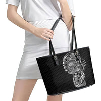 Hawaiian Traditional Tattoos Leather Tote Bag Kakau Tribal Tropical Plant Motif Black Color