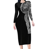 Hawaiian Traditional Tattoos Long Sleeve Bodycon Dress Kakau Tribal Tropical Plant Motif Black Color