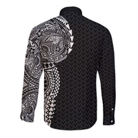 Hawaiian Traditional Tattoos Long Sleeve Button Shirt Kakau Tribal Tropical Plant Motif Black Color