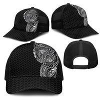Hawaiian Traditional Tattoos Mesh Trucker Cap Kakau Tribal Tropical Plants Motif Black Color