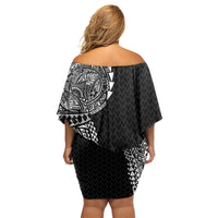 Hawaiian Traditional Tattoos Off Shoulder Short Dress Kakau Tribal Tropical Plant Motif Black Color