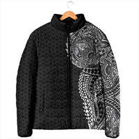 Hawaiian Traditional Tattoos Padded Jacket Kakau Tribal Tropical Plant Motif Black Color
