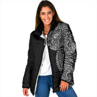 Hawaiian Traditional Tattoos Padded Jacket Kakau Tribal Tropical Plant Motif Black Color