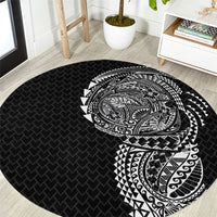 Hawaiian Traditional Tattoos Round Carpet Kakau Tribal Tropical Plant Motif Black Color