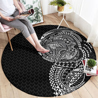 Hawaiian Traditional Tattoos Round Carpet Kakau Tribal Tropical Plant Motif Black Color