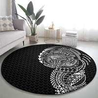 Hawaiian Traditional Tattoos Round Carpet Kakau Tribal Tropical Plant Motif Black Color