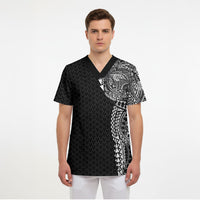 Hawaiian Traditional Tattoos Scrub Top Kakau Tribal Tropical Plant Motif Black Color