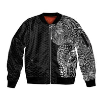 Hawaiian Traditional Tattoos Sleeve Zip Bomber Jacket Kakau Tribal Tropical Plant Motif Black Color