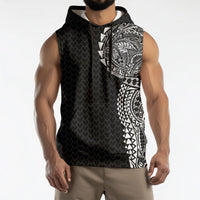 Hawaiian Traditional Tattoos Sleeveless Hoodie Kakau Tribal Tropical Plant Motif Black Color