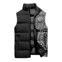 Hawaiian Traditional Tattoos Sleeveless Puffer Jacket Kakau Tribal Tropical Plant Motif Black Color