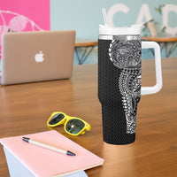 Hawaiian Traditional Tattoos Tumbler With Handle Kakau Tribal Tropical Plant Motif Black Color