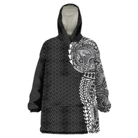 Hawaiian Traditional Tattoos Wearable Blanket Hoodie Kakau Tribal Tropical Plant Motif Black Color