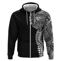 Hawaiian Traditional Tattoos Zip Hoodie Kakau Tribal Tropical Plant Motif Black Color