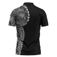 Hawaiian Traditional Tattoos Zipper Polo Shirt Kakau Tribal Tropical Plant Motif Black Color