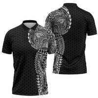 Hawaiian Traditional Tattoos Zipper Polo Shirt Kakau Tribal Tropical Plant Motif Black Color