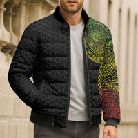 Hawaiian Traditional Tattoos Bomber Puffer Jacket Kakau Tribal Tropical Plant Motif Kanaka Maoli Flag Color Inspired