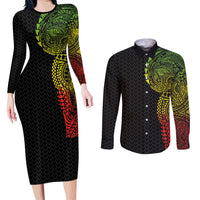 Hawaiian Traditional Tattoos Couples Matching Long Sleeve Bodycon Dress and Long Sleeve Button Shirt Kakau Tribal Tropical Plant Motif Kanaka Maoli Flag Color Inspired LT03 Multicolor - Polynesian Pride