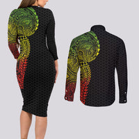 Hawaiian Traditional Tattoos Couples Matching Long Sleeve Bodycon Dress and Long Sleeve Button Shirt Kakau Tribal Tropical Plant Motif Kanaka Maoli Flag Color Inspired LT03 - Polynesian Pride