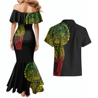 Hawaiian Traditional Tattoos Couples Matching Mermaid Dress and Hawaiian Shirt Kakau Tribal Tropical Plant Motif Kanaka Maoli Flag Color Inspired