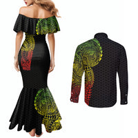Hawaiian Traditional Tattoos Couples Matching Mermaid Dress and Long Sleeve Button Shirt Kakau Tribal Tropical Plant Motif Kanaka Maoli Flag Color Inspired