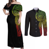 Hawaiian Traditional Tattoos Couples Matching Off Shoulder Maxi Dress and Long Sleeve Button Shirt Kakau Tribal Tropical Plant Motif Kanaka Maoli Flag Color Inspired