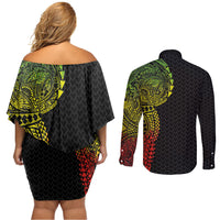 Hawaiian Traditional Tattoos Couples Matching Off Shoulder Short Dress and Long Sleeve Button Shirt Kakau Tribal Tropical Plant Motif Kanaka Maoli Flag Color Inspired