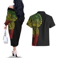 Hawaiian Traditional Tattoos Couples Matching Off The Shoulder Long Sleeve Dress and Hawaiian Shirt Kakau Tribal Tropical Plant Motif Kanaka Maoli Flag Color Inspired