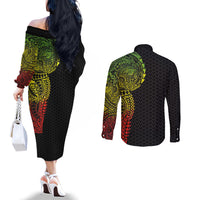Hawaiian Traditional Tattoos Couples Matching Off The Shoulder Long Sleeve Dress and Long Sleeve Button Shirt Kakau Tribal Tropical Plant Motif Kanaka Maoli Flag Color Inspired