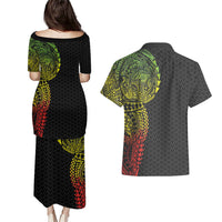 Hawaiian Traditional Tattoos Couples Matching Puletasi and Hawaiian Shirt Kakau Tribal Tropical Plant Motif Kanaka Maoli Flag Color Inspired LT03 - Polynesian Pride