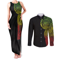 Hawaiian Traditional Tattoos Couples Matching Tank Maxi Dress and Long Sleeve Button Shirt Kakau Tribal Tropical Plant Motif Kanaka Maoli Flag Color Inspired