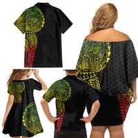 Hawaiian Traditional Tattoos Family Matching Off Shoulder Short Dress and Hawaiian Shirt Kakau Tribal Tropical Plant Motif Kanaka Maoli Flag Color Inspired