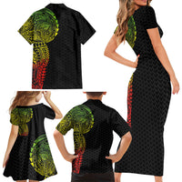 Hawaiian Traditional Tattoos Family Matching Short Sleeve Bodycon Dress and Hawaiian Shirt Kakau Tribal Tropical Plant Motif Kanaka Maoli Flag Color Inspired