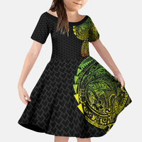 Hawaiian Traditional Tattoos Kid Short Sleeve Dress Kakau Tribal Tropical Plant Motif Kanaka Maoli Flag Color Inspired