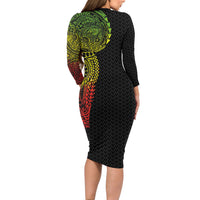 Hawaiian Traditional Tattoos Long Sleeve Bodycon Dress Kakau Tribal Tropical Plant Motif Kanaka Maoli Flag Color Inspired