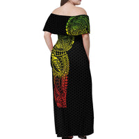Hawaiian Traditional Tattoos Off Shoulder Maxi Dress Kakau Tribal Tropical Plant Motif Kanaka Maoli Flag Color Inspired