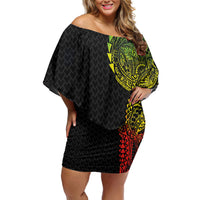 Hawaiian Traditional Tattoos Off Shoulder Short Dress Kakau Tribal Tropical Plant Motif Kanaka Maoli Flag Color Inspired