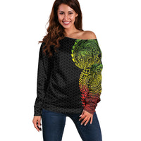 Hawaiian Traditional Tattoos Off Shoulder Sweater Kakau Tribal Tropical Plant Motif Kanaka Maoli Flag Color Inspired
