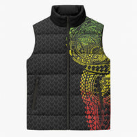 Hawaiian Traditional Tattoos Sleeveless Puffer Jacket Kakau Tribal Tropical Plant Motif Kanaka Maoli Flag Color Inspired