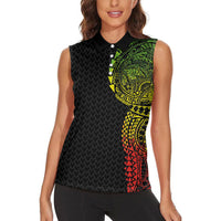 Hawaiian Traditional Tattoos Women Sleeveless Polo Shirt Kakau Tribal Tropical Plant Motif Kanaka Maoli Flag Color Inspired