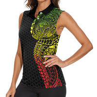 Hawaiian Traditional Tattoos Women Sleeveless Polo Shirt Kakau Tribal Tropical Plant Motif Kanaka Maoli Flag Color Inspired