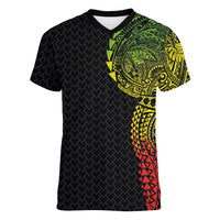 Hawaiian Traditional Tattoos Women V-Neck T-Shirt Kakau Tribal Tropical Plant Motif Kanaka Maoli Flag Color Inspired LT03 Female Multicolor - Polynesian Pride