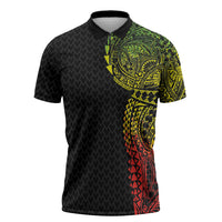 Hawaiian Traditional Tattoos Zipper Polo Shirt Kakau Tribal Tropical Plant Motif Kanaka Maoli Flag Color Inspired