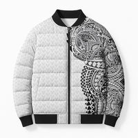 Hawaiian Traditional Tattoos Bomber Puffer Jacket Kakau Tribal Tropical Plant Motif White Color